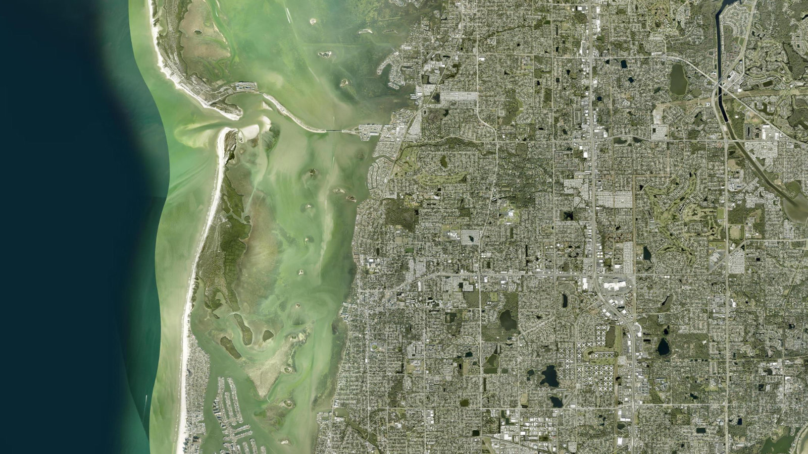 True overhead satellite view of Dunedin, Florida, showing the coastal city, causeway and St. Joseph Sound