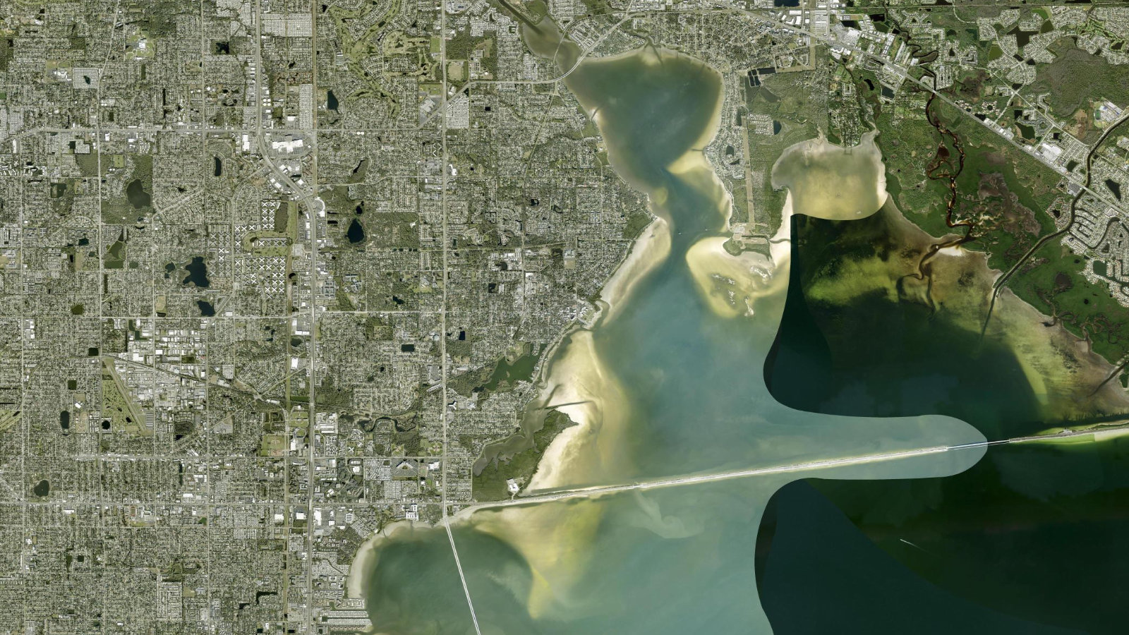 True overhead satellite view of Safety Harbor, Florida, showing the city beside Old Tampa Bay